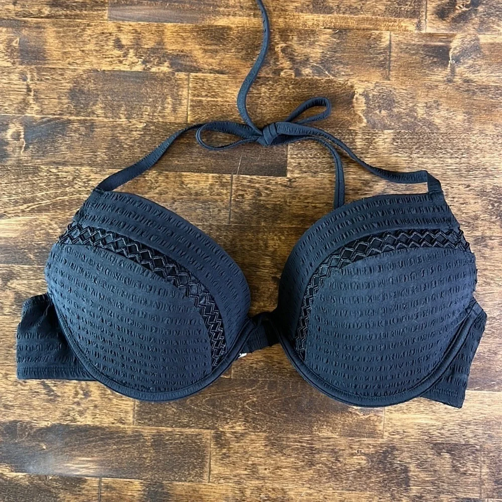 TIME‎ & TRU Solid Black Halter Bikini Top Size Large MINIMALIST BOHO